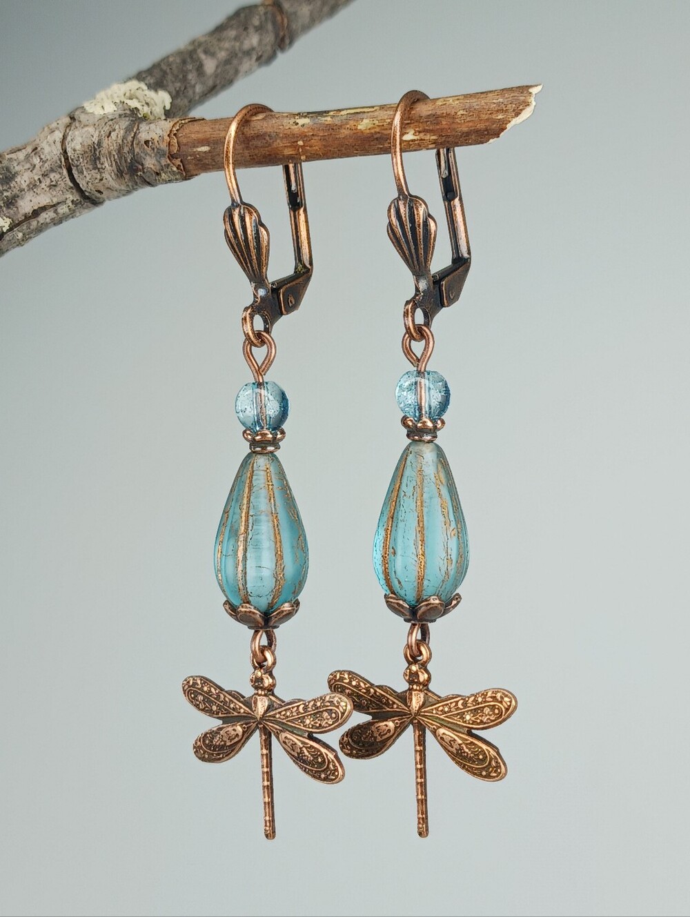 Dragonfly Sea Glass Earrings Coastal Cottage Copper Jewelry Hand Crafted - Picture 4 of 6